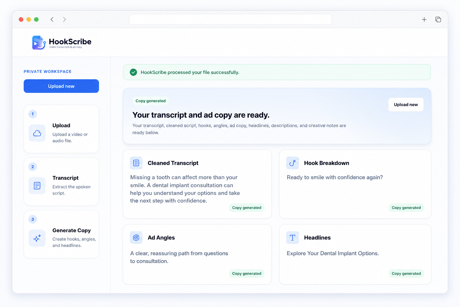 HookScribe private Rails application showing its media transcription and advertising-content workflow