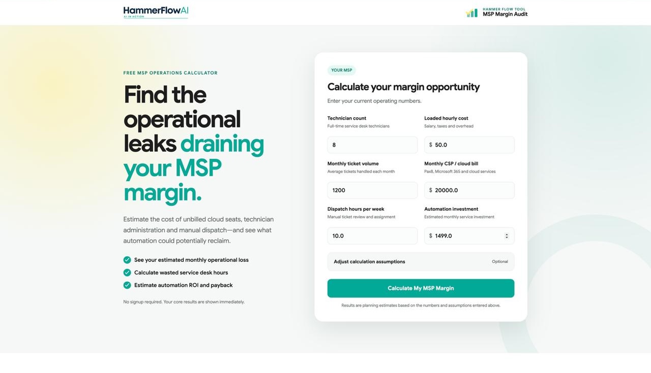 MSP Margin Audit calculator showing operating inputs for technician cost, cloud billing, dispatch effort and automation investment
